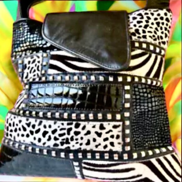 Vintage Genuine Leather Calf Hair Patchwork Shoulder Bag Mixed Prints - Picture 3 of 14